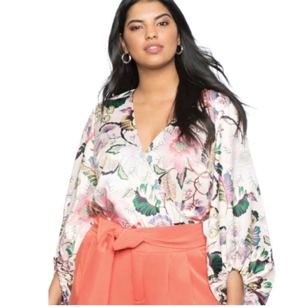 Eloquii Wrap Front Floral Balloon Sleeve Satin Bodysuit 20